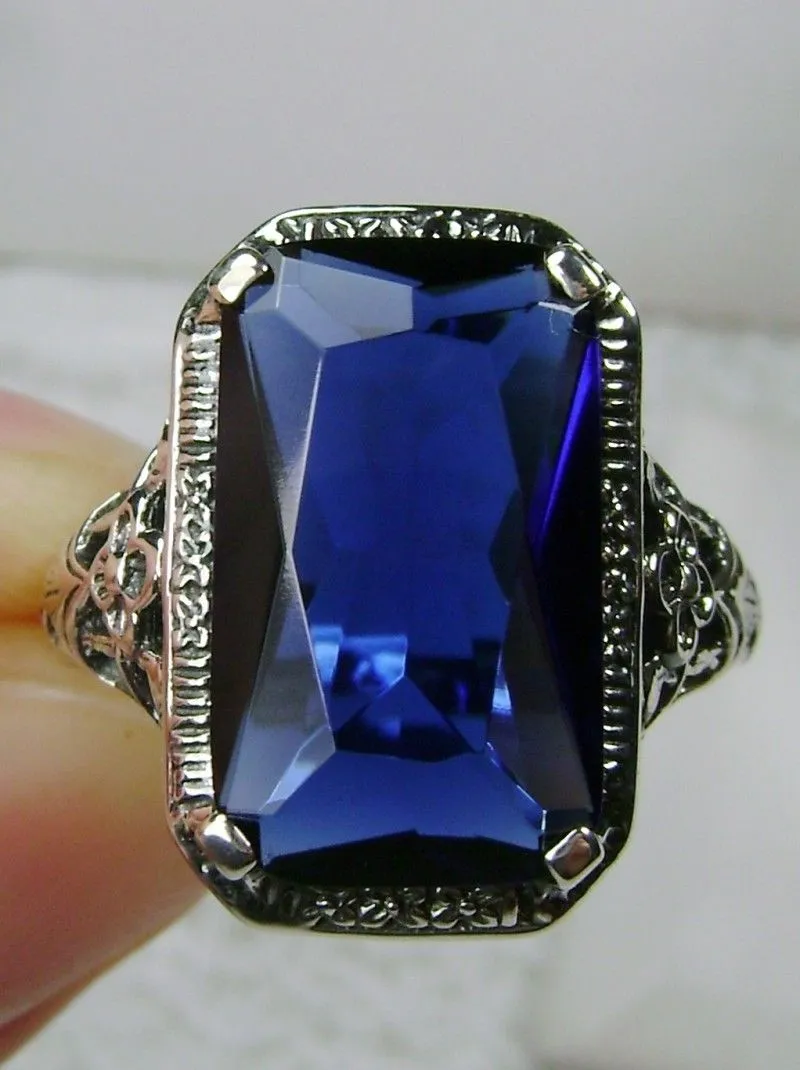 Blue Sapphire Ring, Cushion Cut Gemstone, Vintage Style Art Nouveau Jewelry, Design#D64