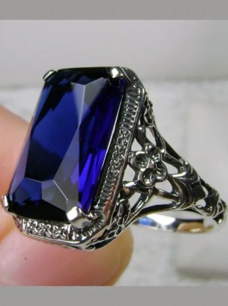 Blue Sapphire Ring, Cushion Cut Gemstone, Vintage Style Art Nouveau Jewelry, Design#D64