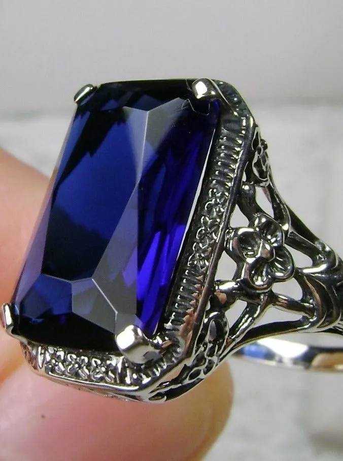Blue Sapphire Ring, Cushion Cut Gemstone, Vintage Style Art Nouveau Jewelry, Design#D64