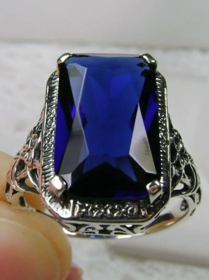 Blue Sapphire Ring, Cushion Cut Gemstone, Vintage Style Art Nouveau Jewelry, Design#D64