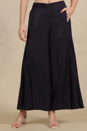 Blue Side Pleated Flared Palazzo