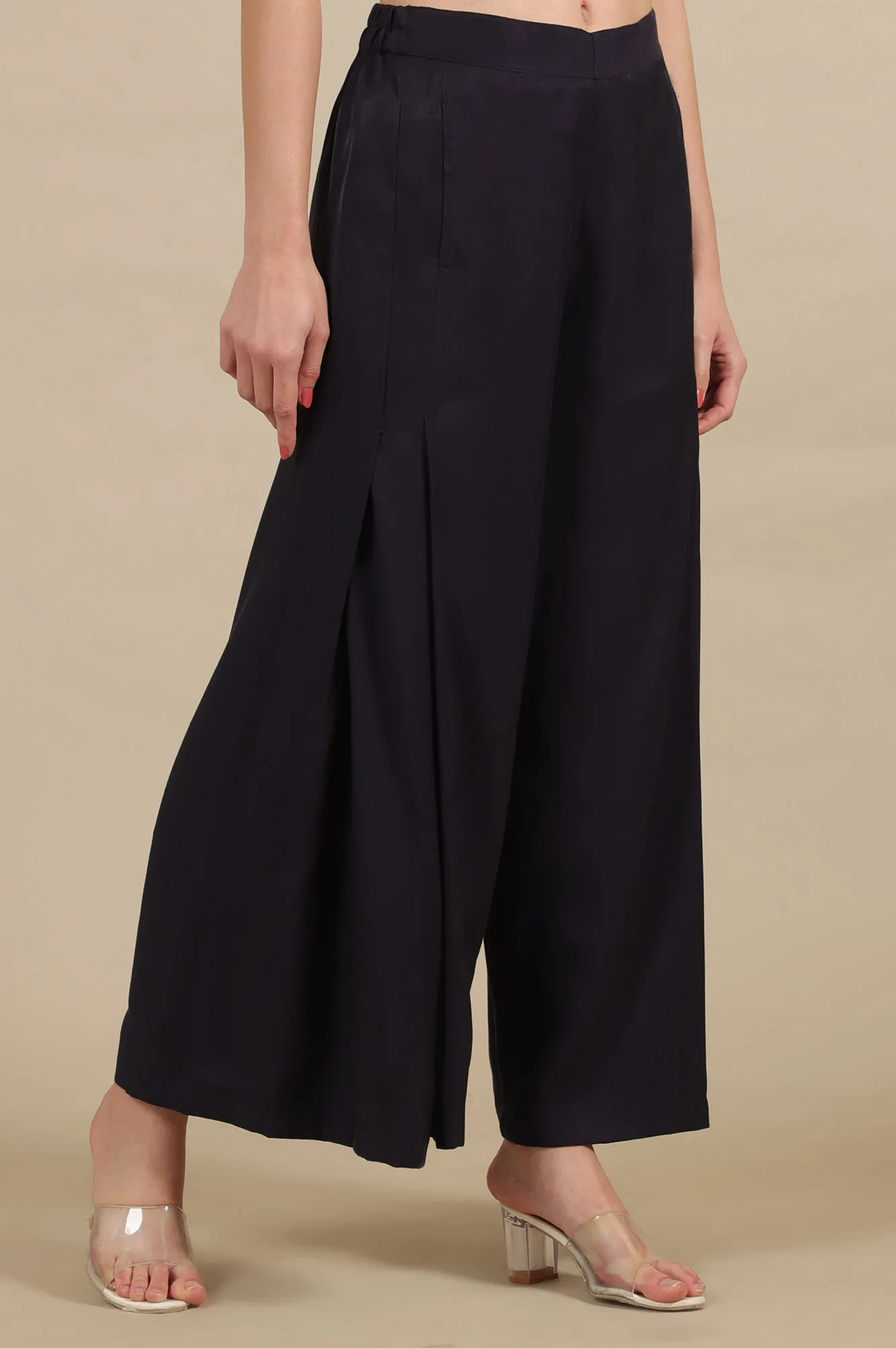 Blue Side Pleated Flared Palazzo