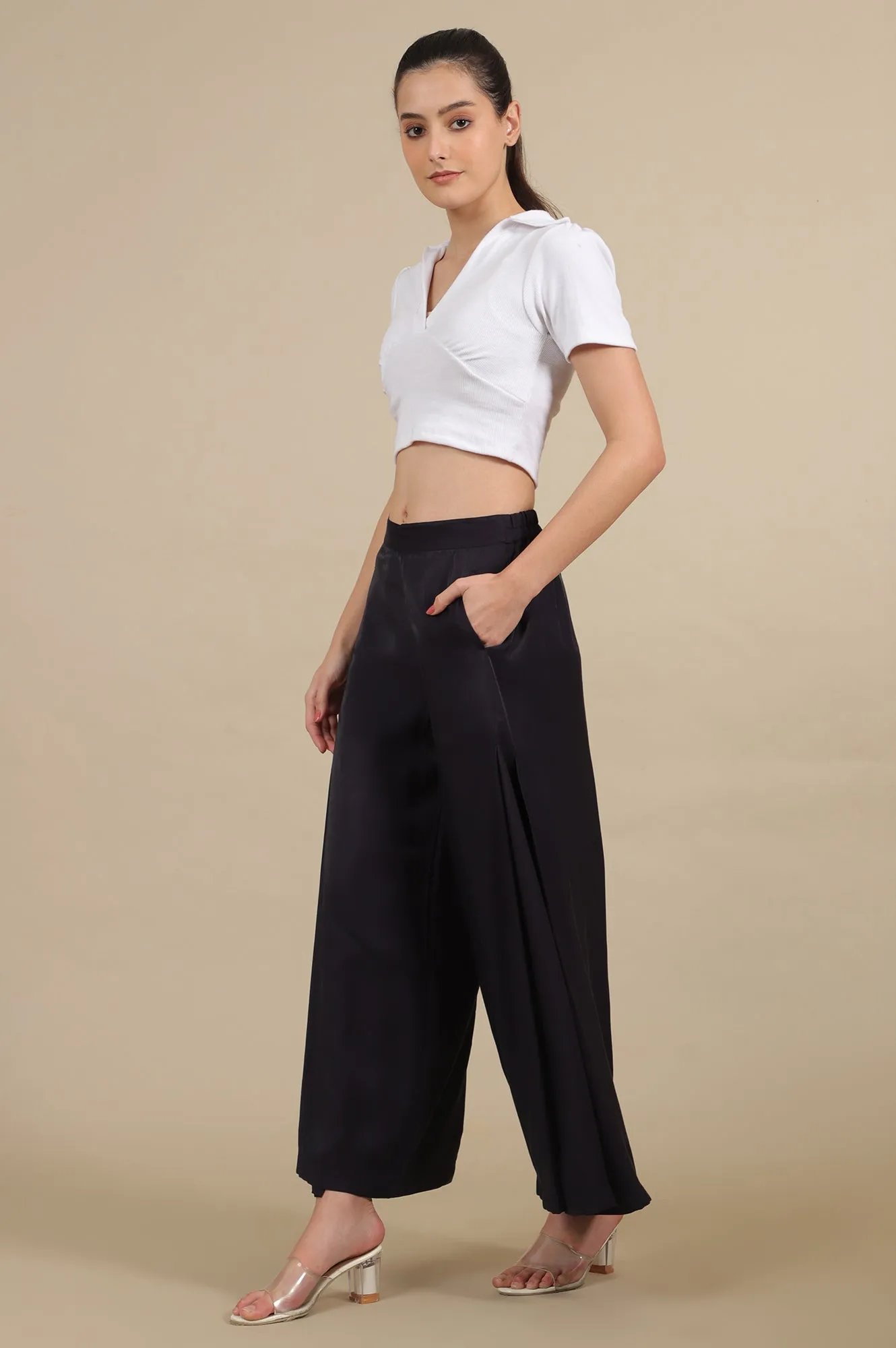 Blue Side Pleated Flared Palazzo
