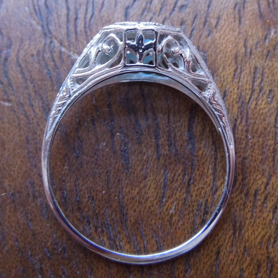 Blue Zircon in White Gold Art Deco Style Mounting