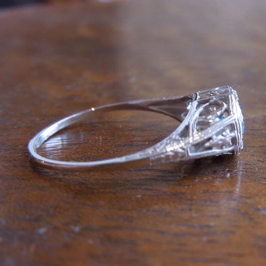 Blue Zircon in White Gold Art Deco Style Mounting