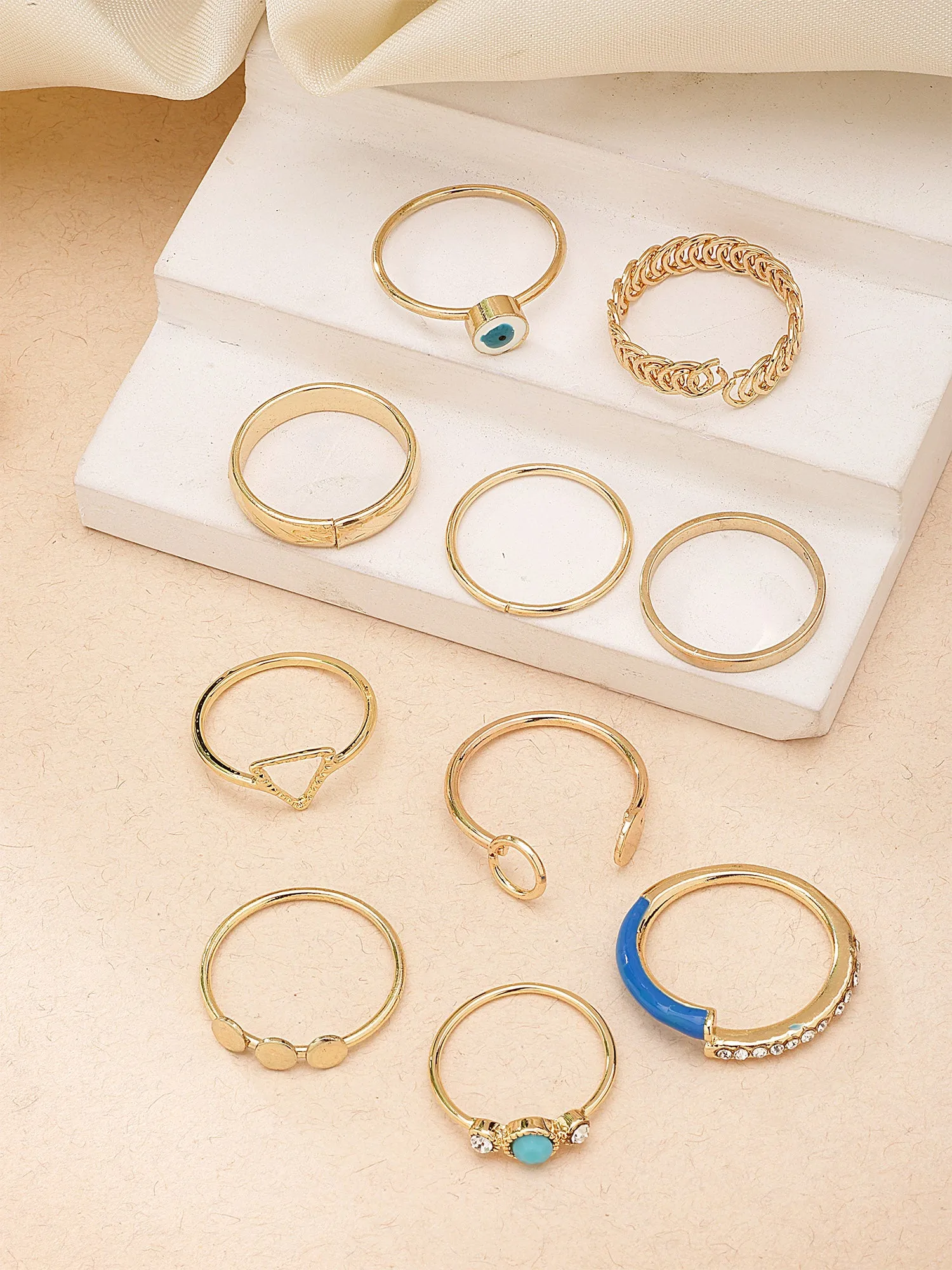 Bohey by KARATCART Set of 10 Gold-Plated Boho Midi Finger Rings for Women