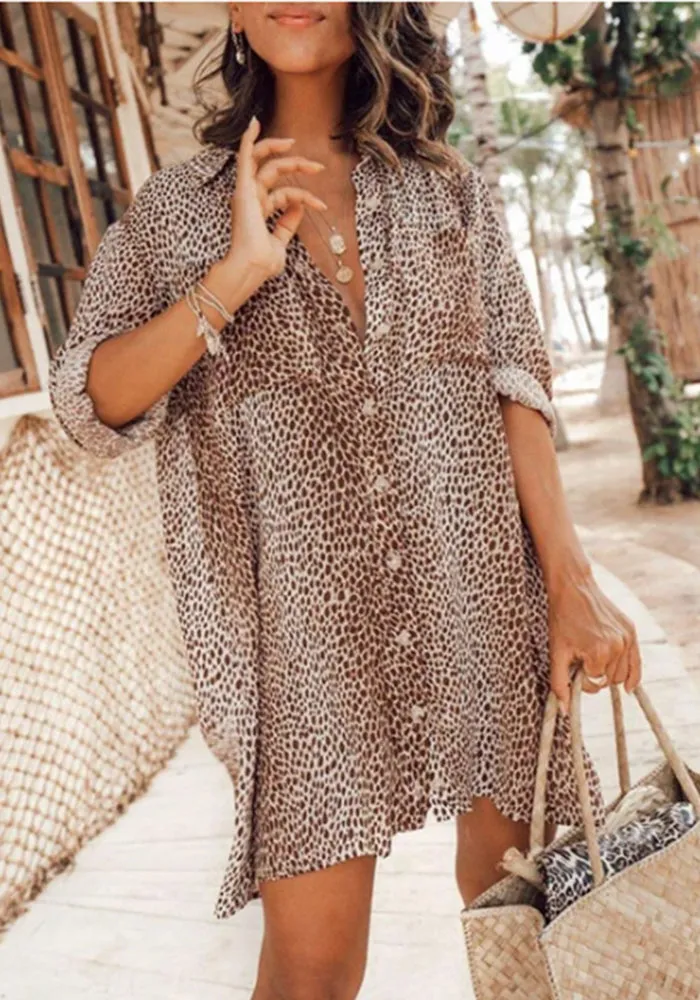 Bold Leopard Print Long-Sleeved Shirt Dress for Fierce Everyday Style