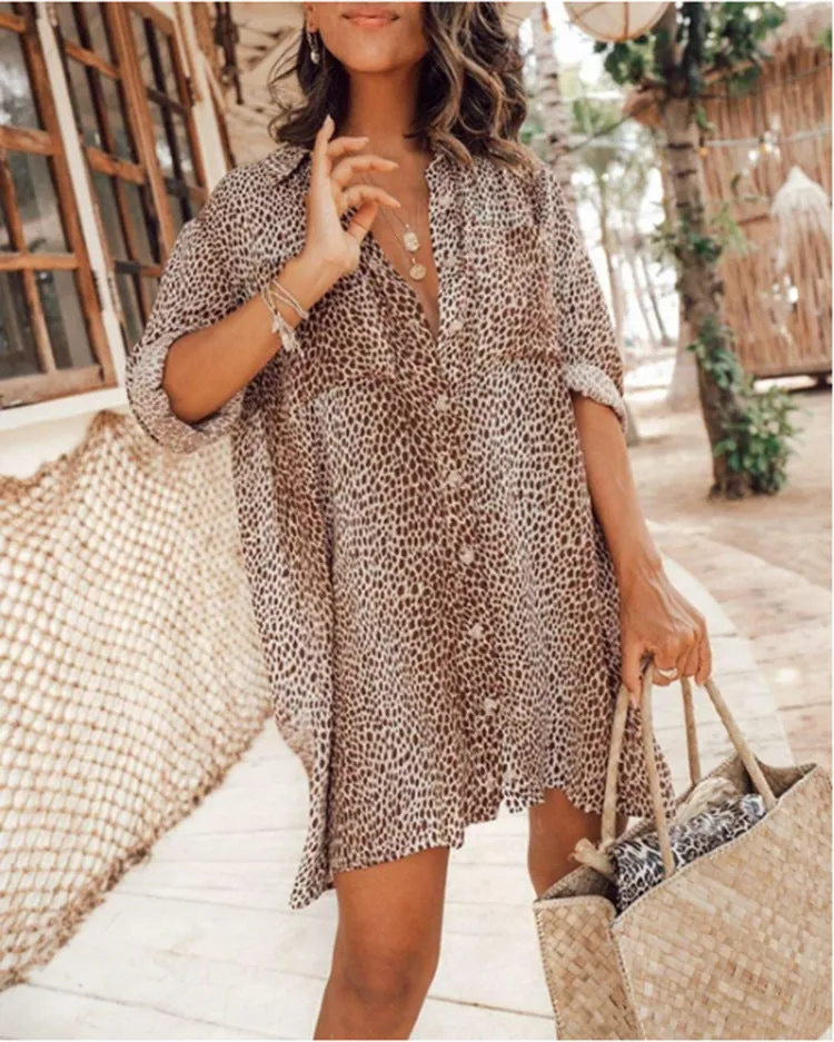 Bold Leopard Print Long-Sleeved Shirt Dress for Fierce Everyday Style