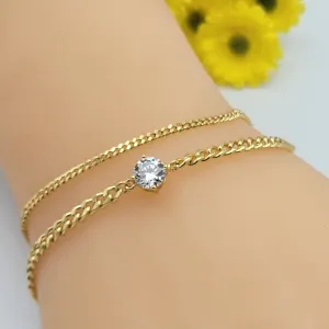 Bracelets - 14K Gold Plated. Double Chain Solitaire CZ crystal