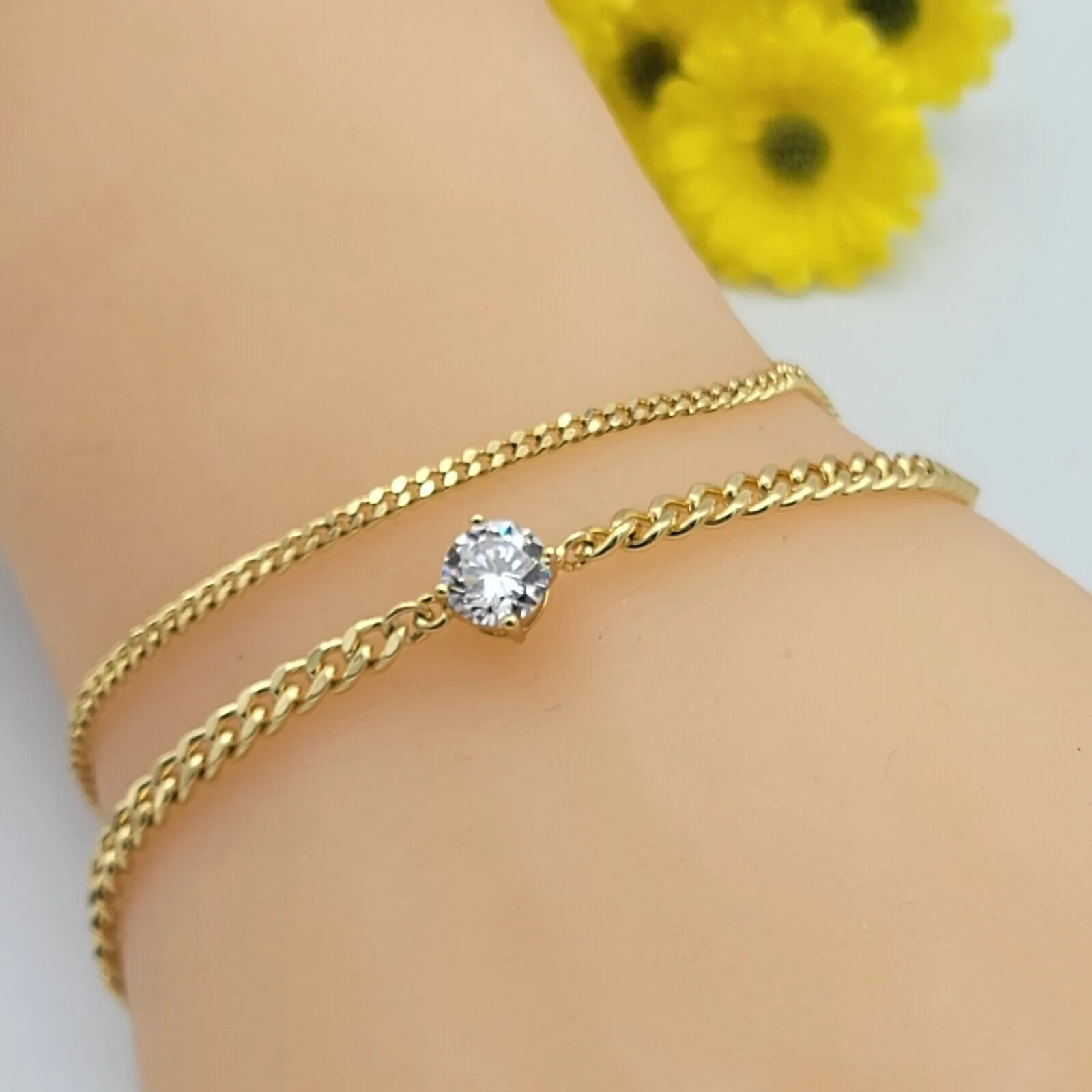 Bracelets - 14K Gold Plated. Double Chain Solitaire CZ crystal