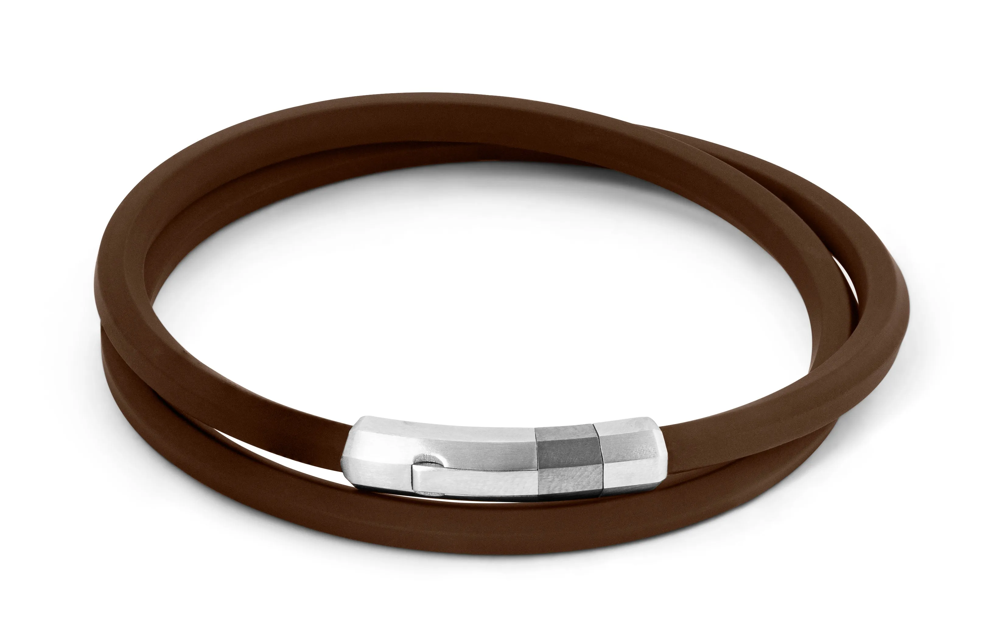 Brown rubber Octagon click bracelet with rhodium-plated sterling silver