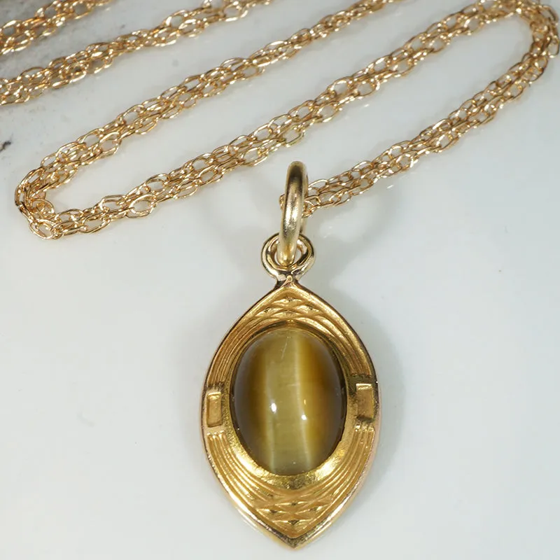 Buttery Tiger's Eye in Engraved Gold Arts & Crafts Pendant
