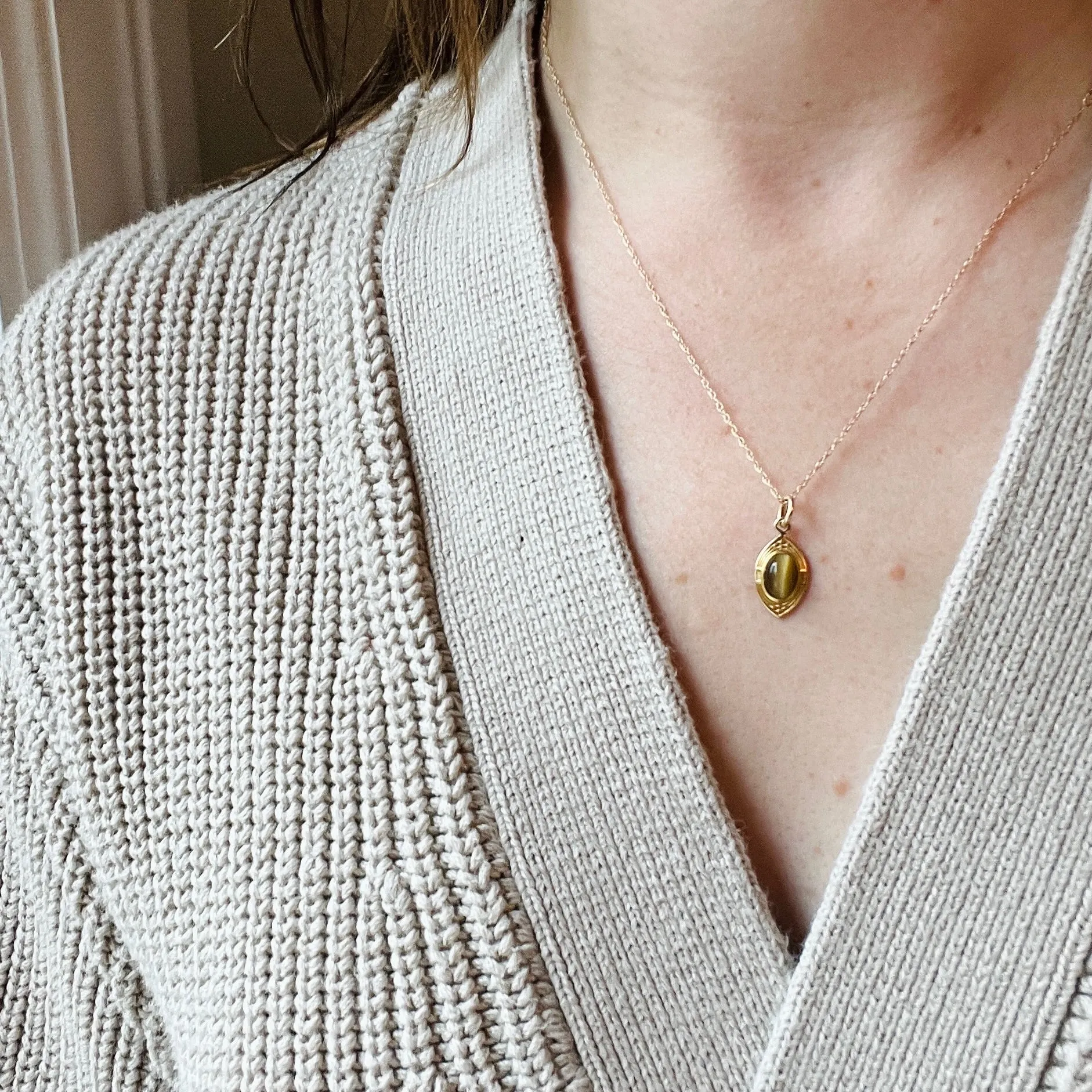 Buttery Tiger's Eye in Engraved Gold Arts & Crafts Pendant