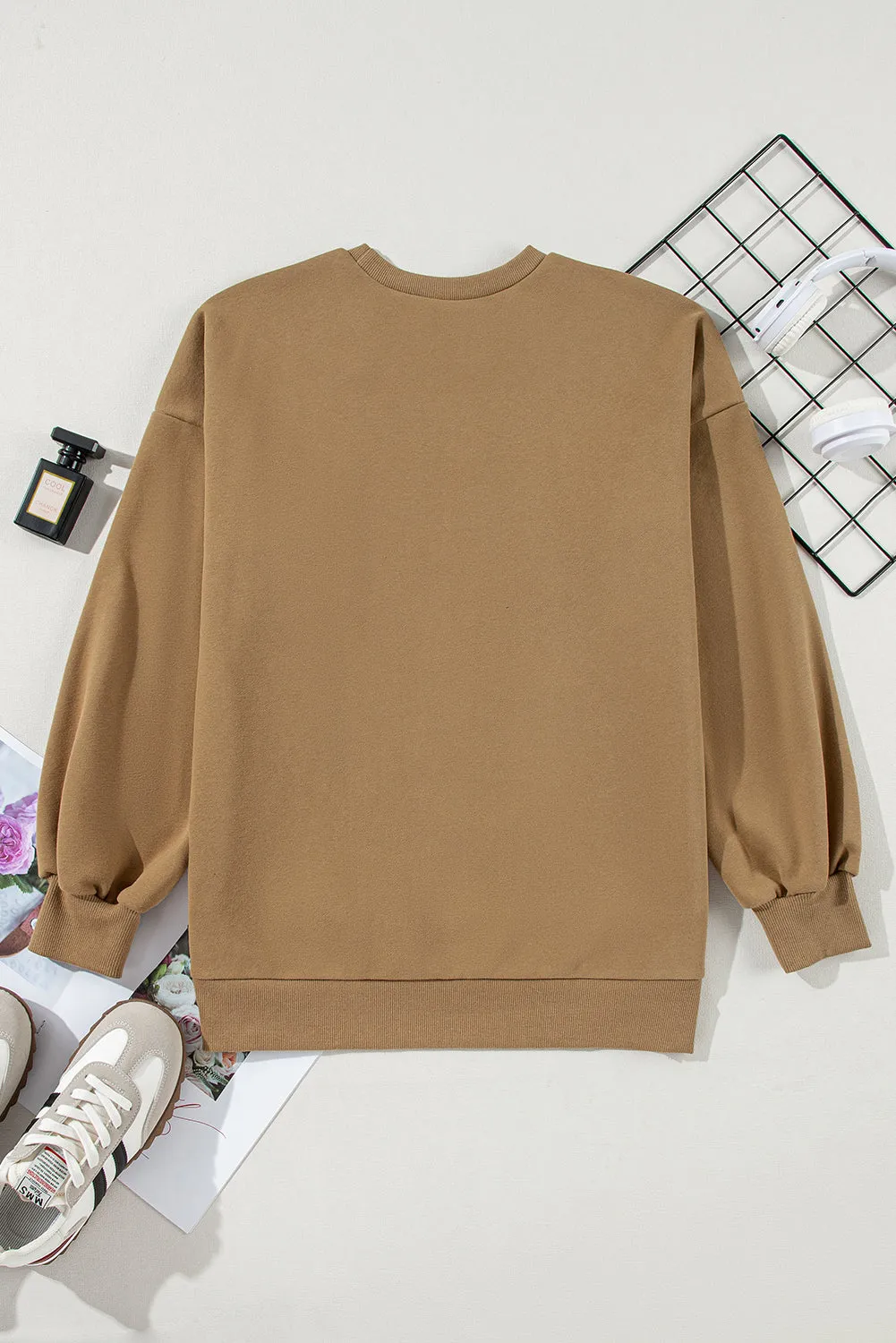 Camel Solid Fleece Lined Drop Shoulder High Low Sweatshirt
