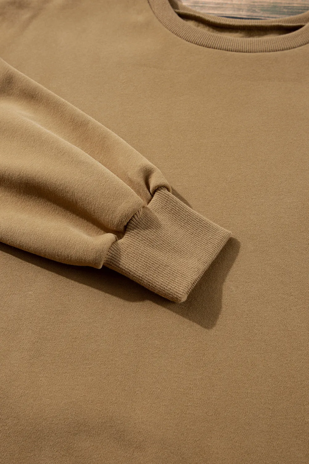Camel Solid Fleece Lined Drop Shoulder High Low Sweatshirt