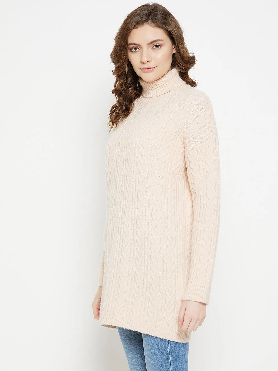 Camla Barcelona Cable Knit Turtle Neck Peach Dress For Women