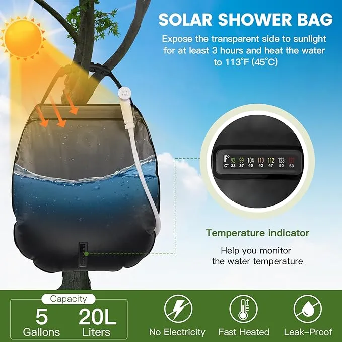 Camping Shower Bag, 5 Gal/20L Solar Heating Camping Shower with Upgraded Hose and Shower Head,Portable Shower for Camping Hiking, Traveling