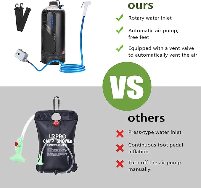 Camping Shower,12L Portable Camp Shower Bag with Upgraded Screw Lid, Auto Pressure Pump, Solar Shower, Camping Shower Head for Beach Camping, Hiking, Traveling, Washing