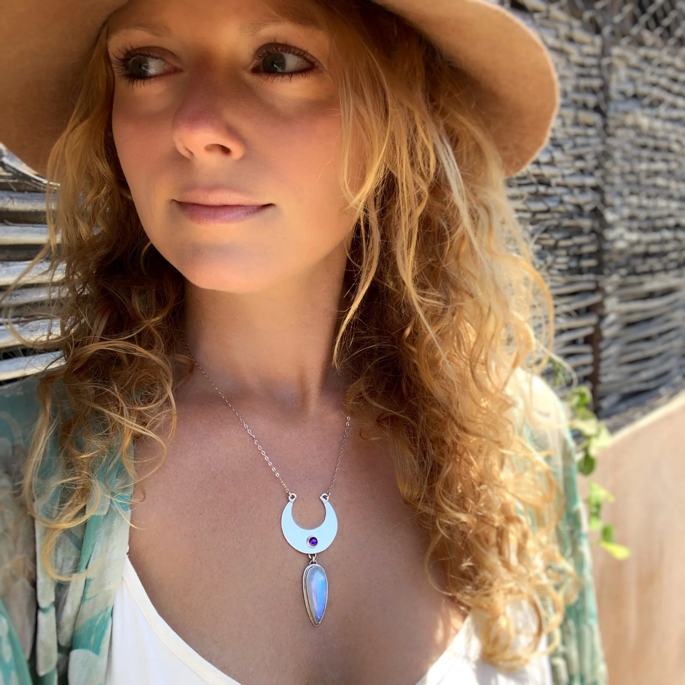 Cascading moon necklace with moonstone & amethyst