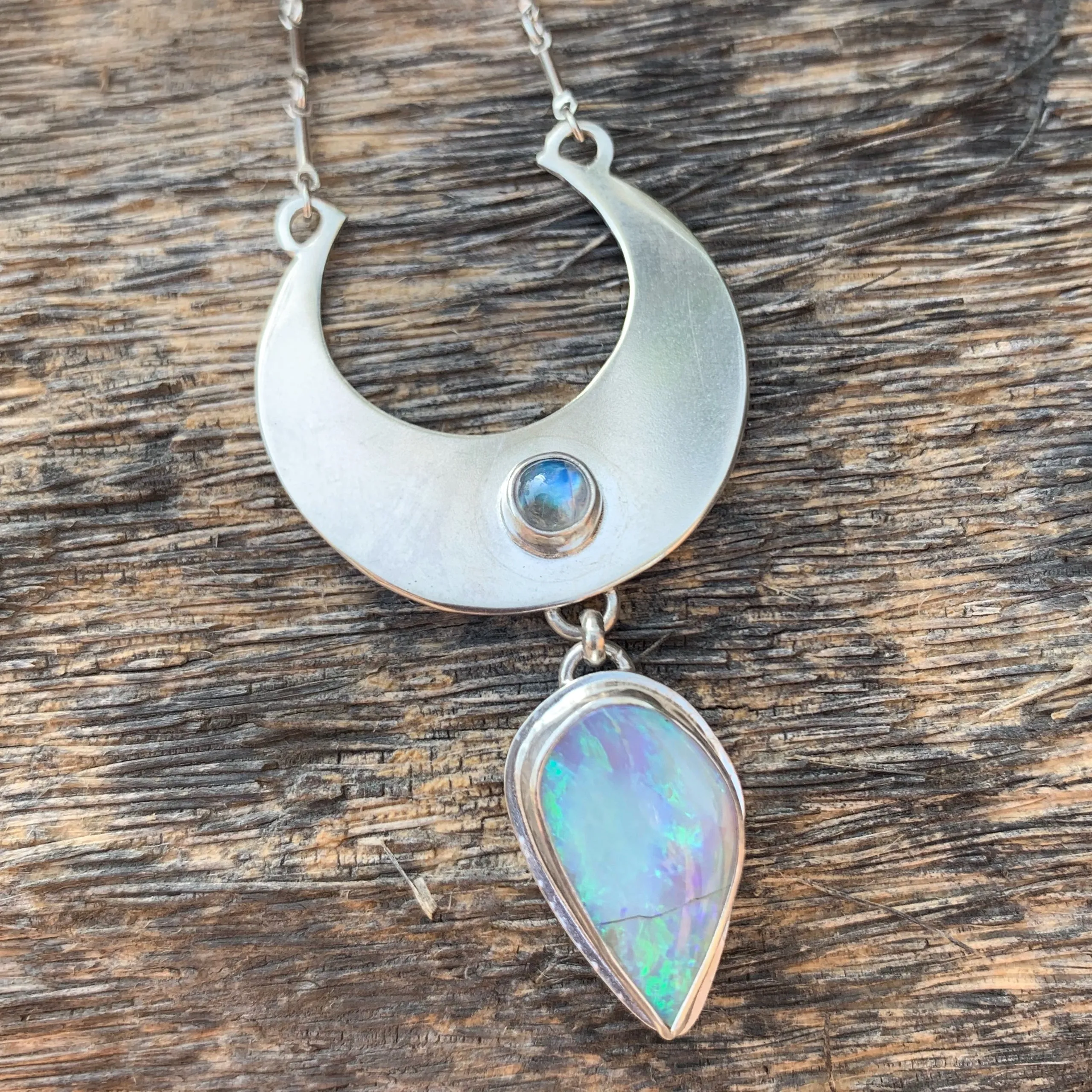Cascading moon necklace with moonstone & Australian fire opal