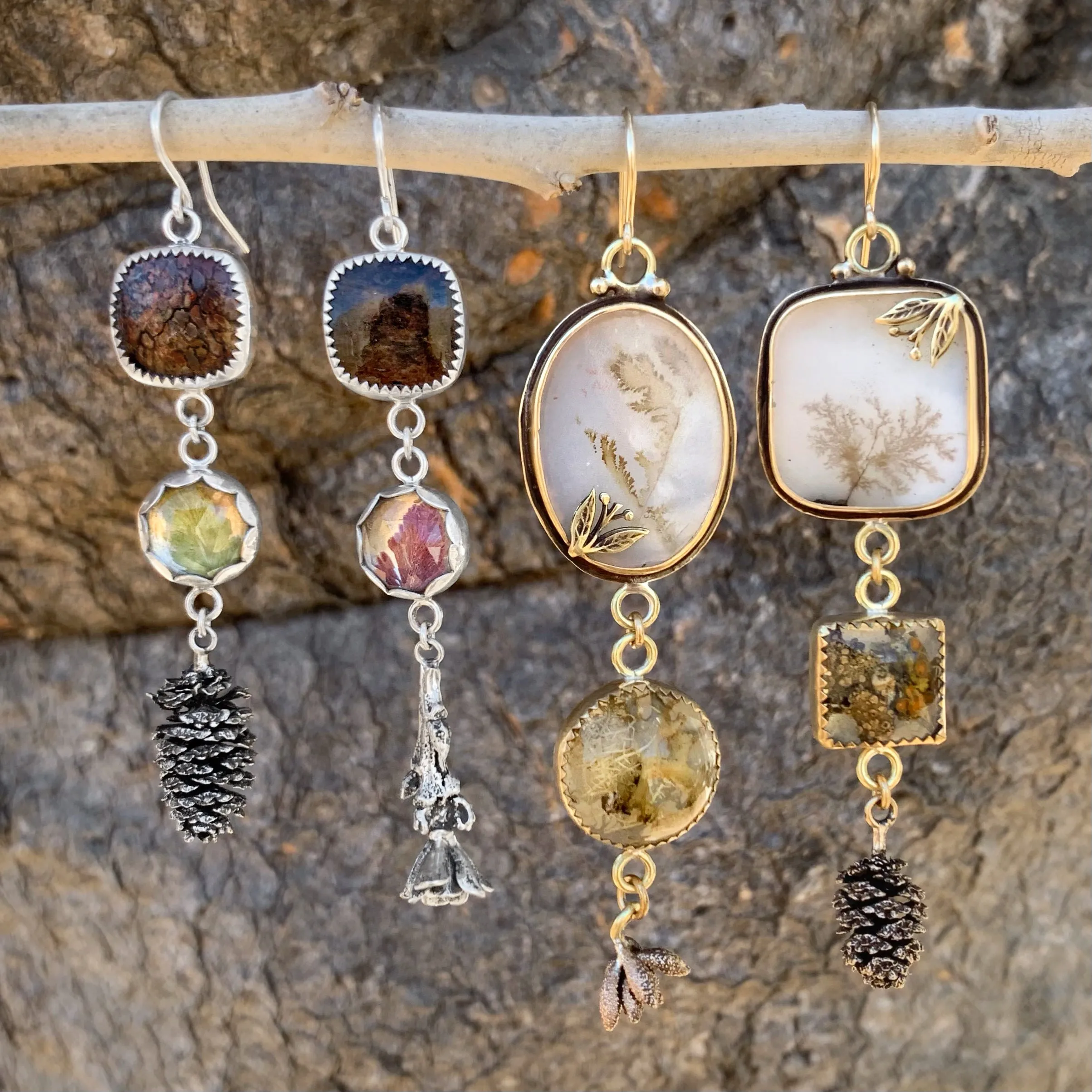 Cascading nature earrings in brass with 14K gold-filled ear wires