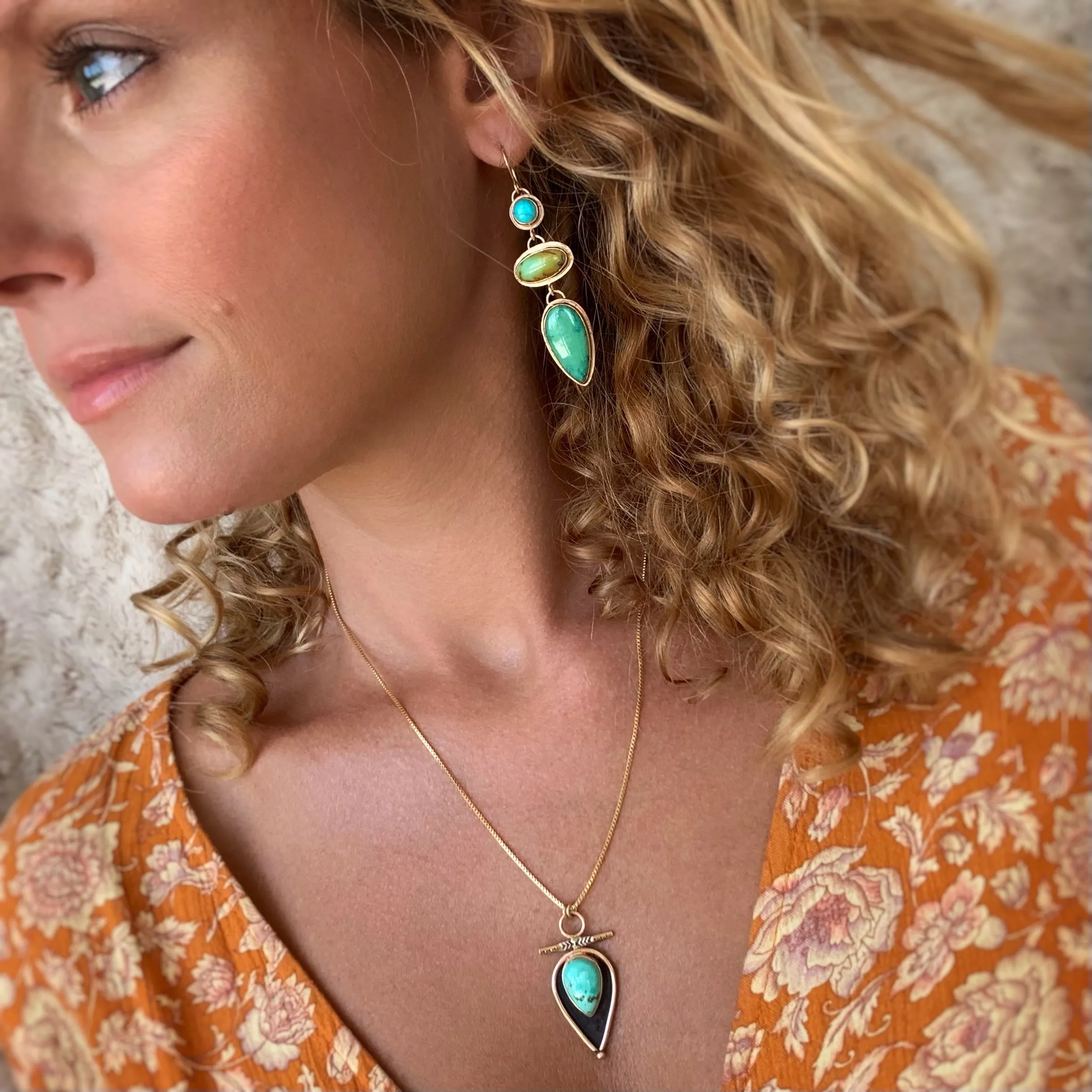 Cascading turquoise earrings in 14K gold and gold-fill