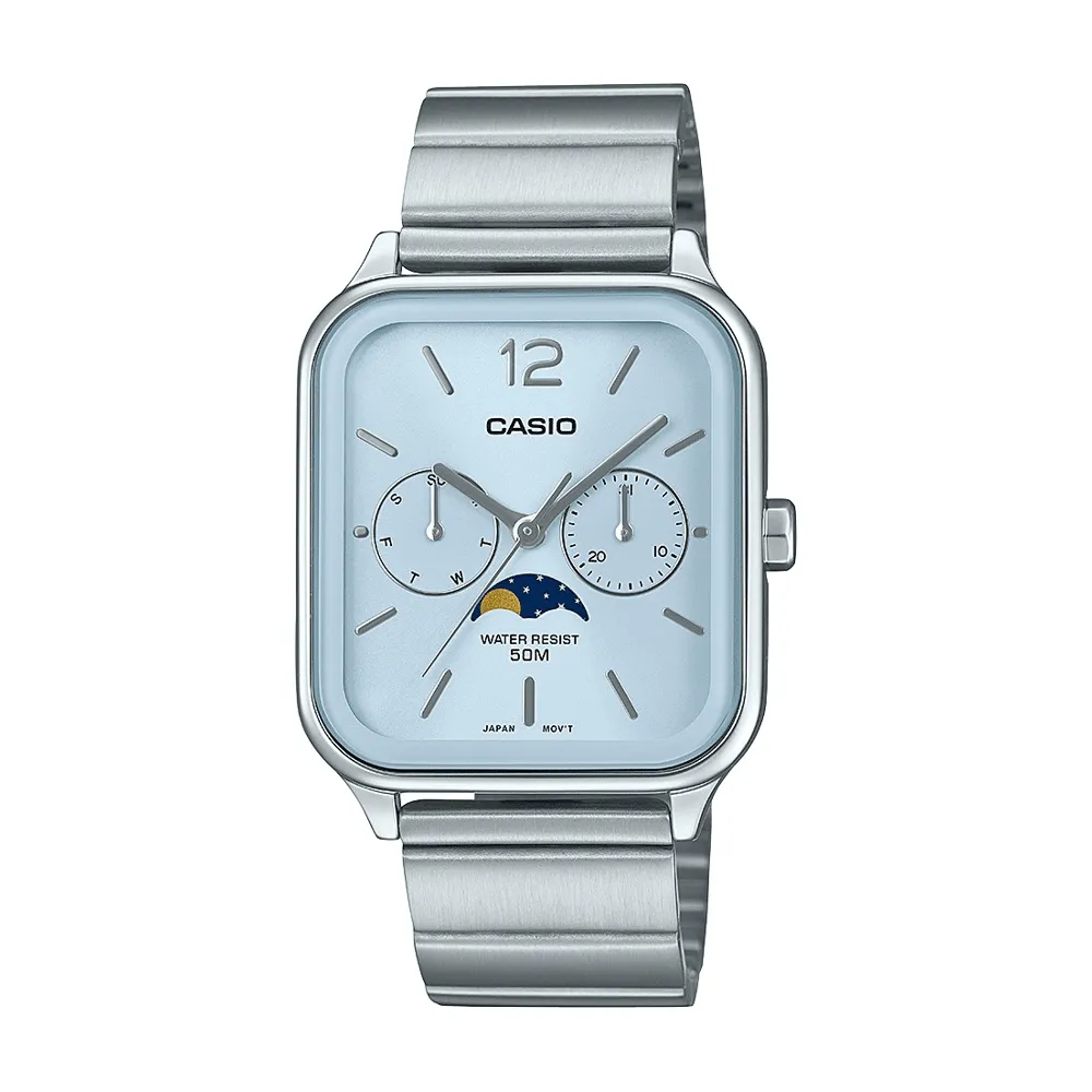 Casio Analogue Moon Phase 50M Water Resistant Pale Blue Face Stainless Steel Band MTPM305D-2A