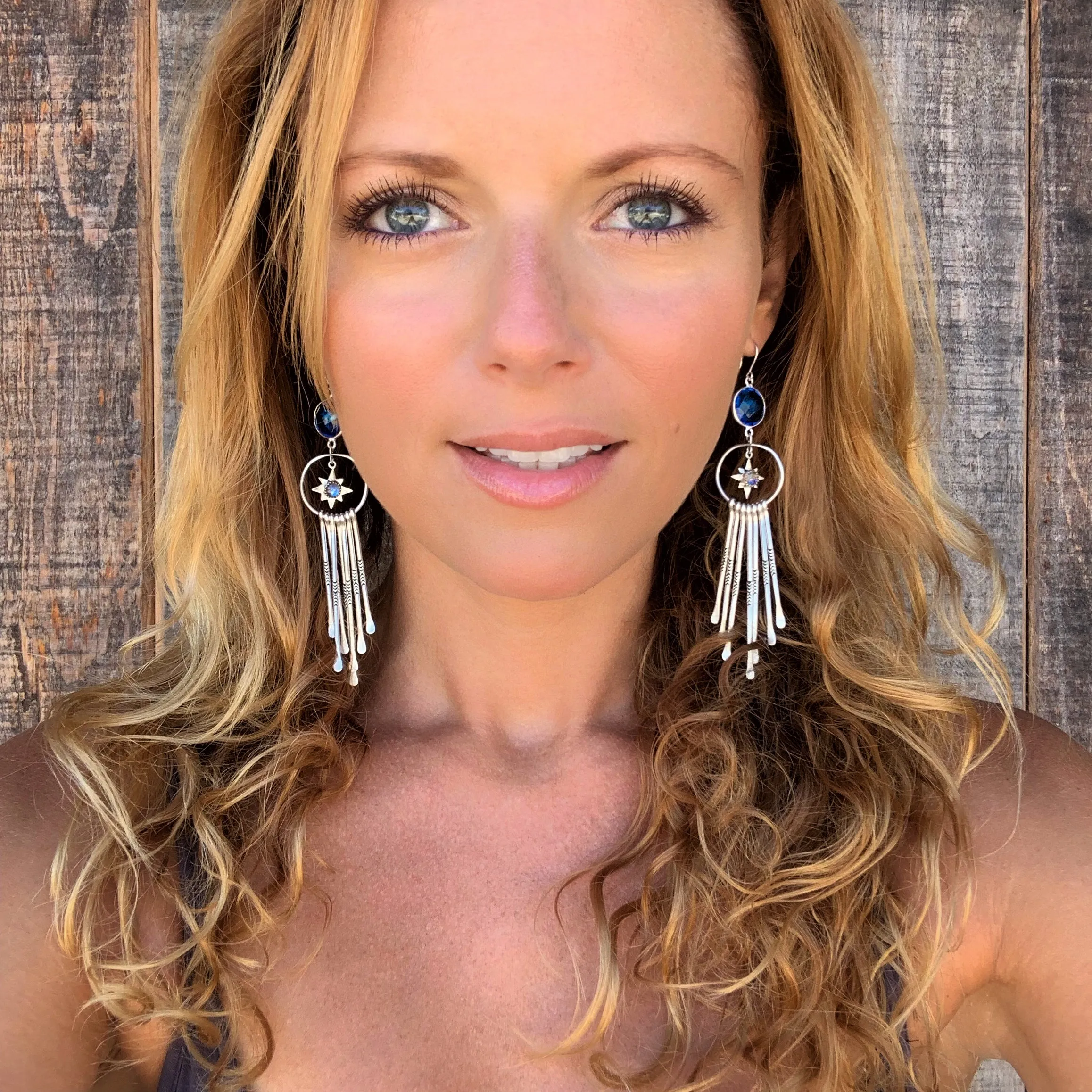 Celestial fringe earrings with blue topaz & moonstone