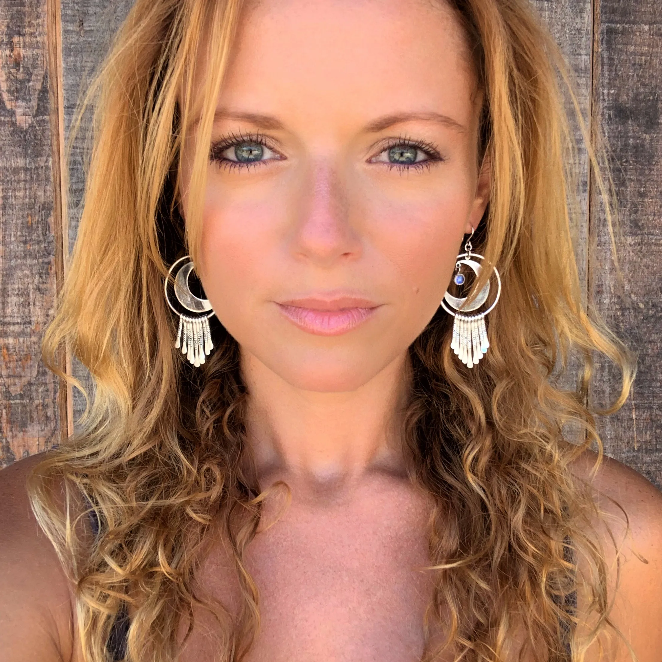 Celestial fringe hoop earrings with moonstone