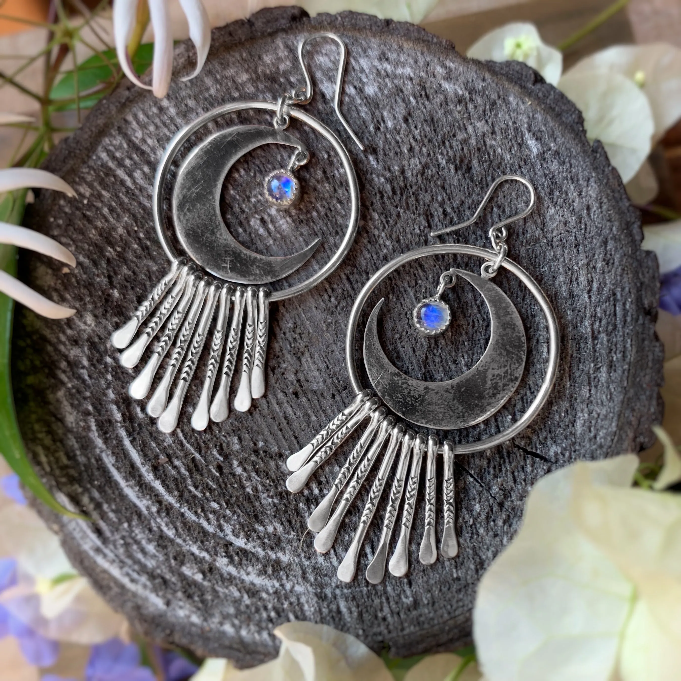 Celestial fringe hoop earrings with moonstone