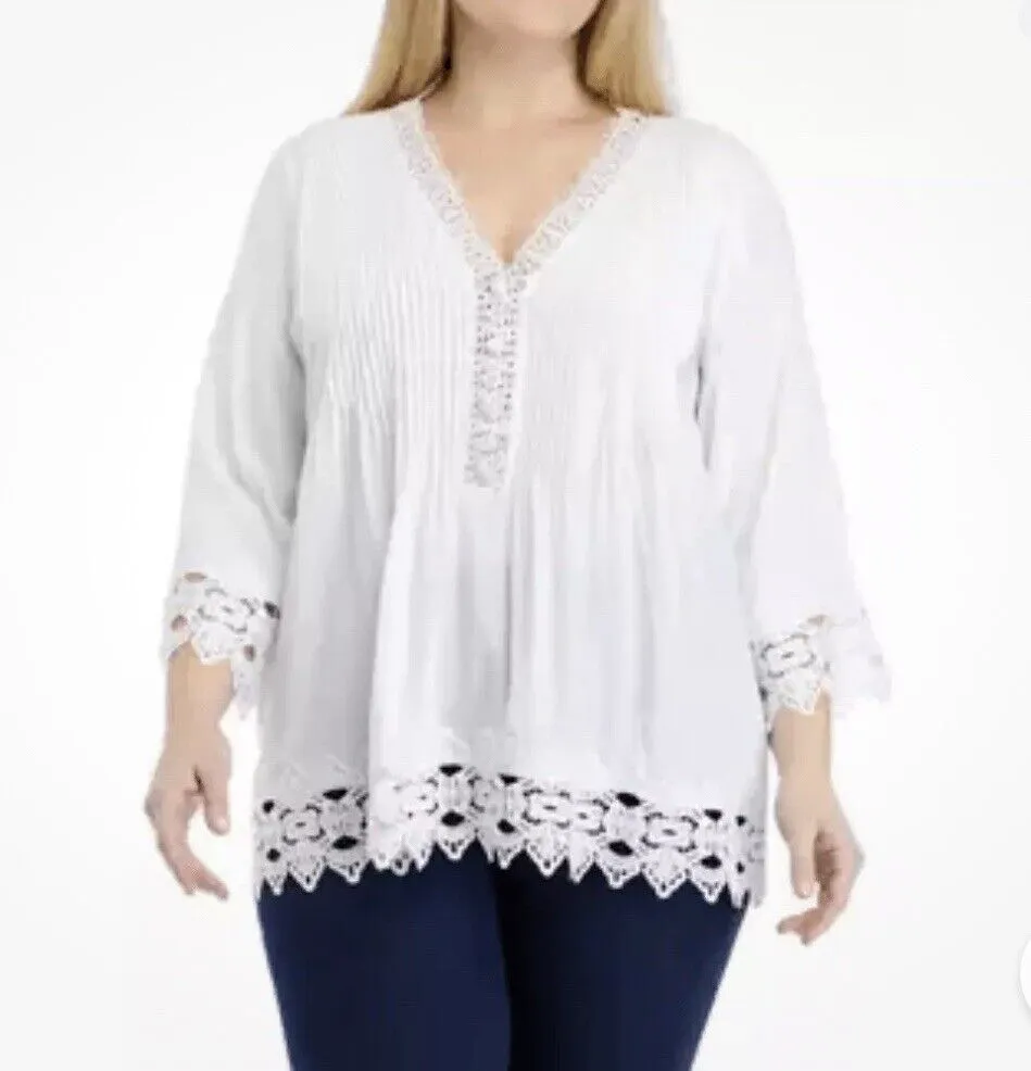 CHELSEA & THEODORE Crochet Top Plus Sz 2X 3/4 Sleeve V-Neck Pullover Botton Boho