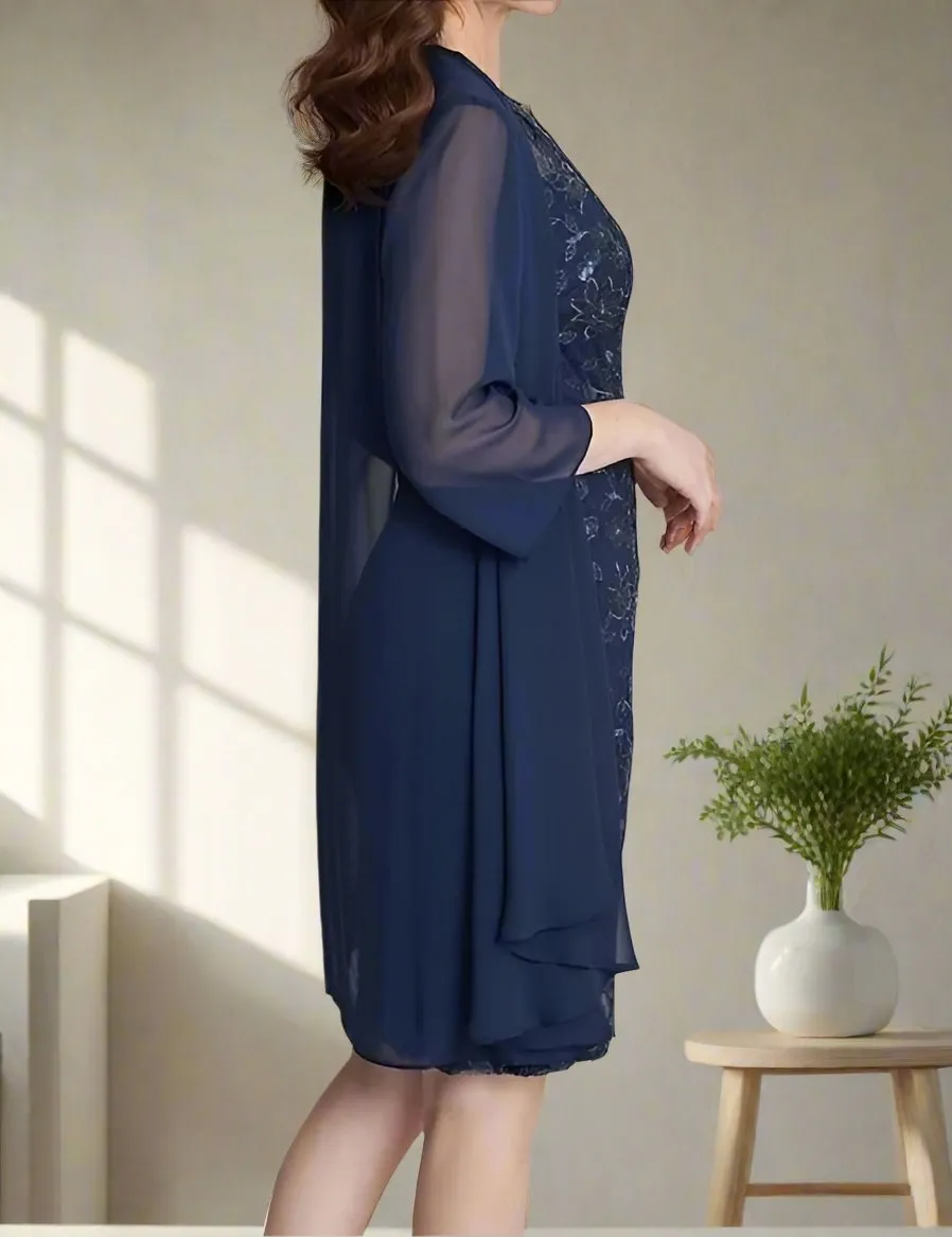 Chiffon Two Pieces Knee Length Sheath Mother of the Bride Dress