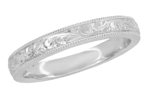 Classic Victorian Carved Acanthus Wedding Band in White Gold - 3mm