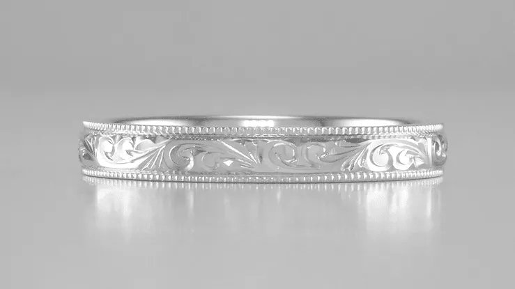 Classic Victorian Carved Acanthus Wedding Band in White Gold - 3mm