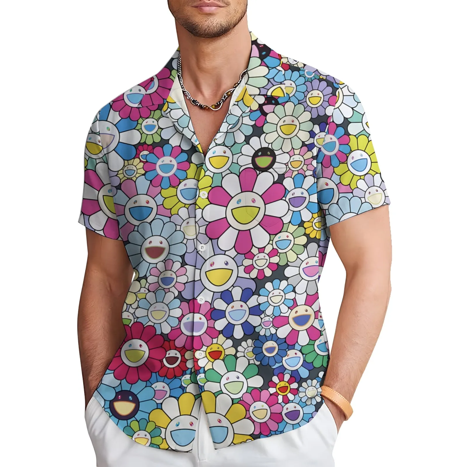 Colorful Flowers Casual Short Sleeve Shirt 2404001701