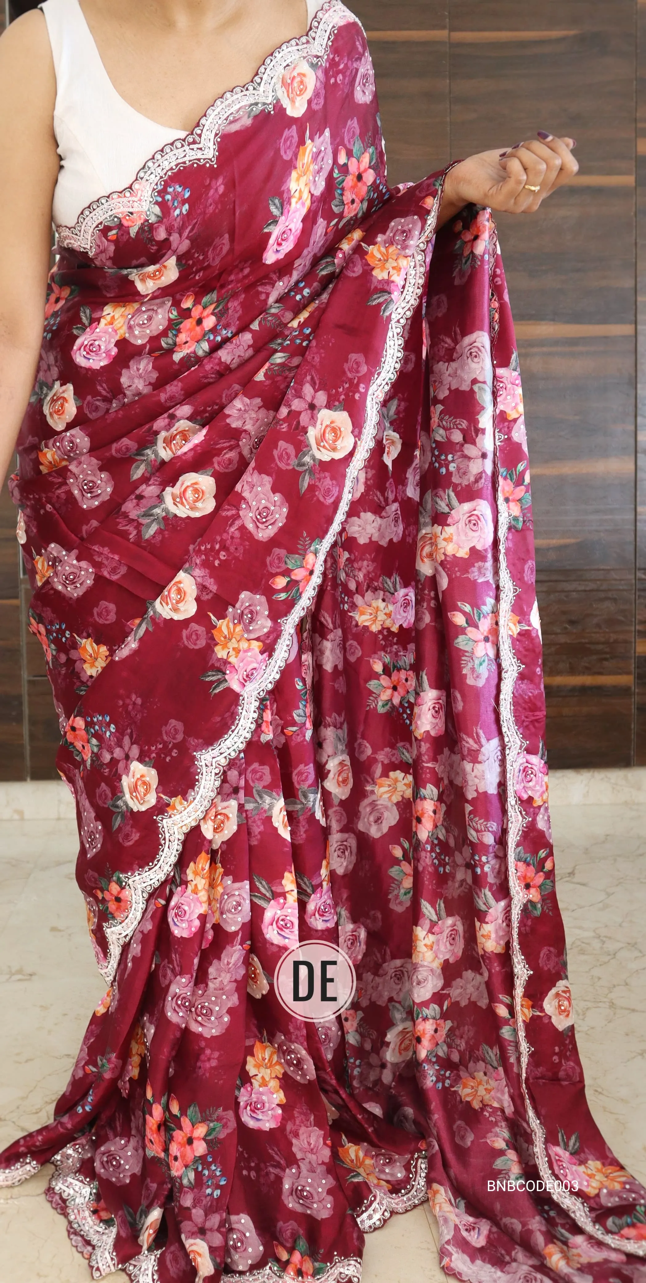 Cowkadi Flowers Buta Print Designer Satin Silk Saree