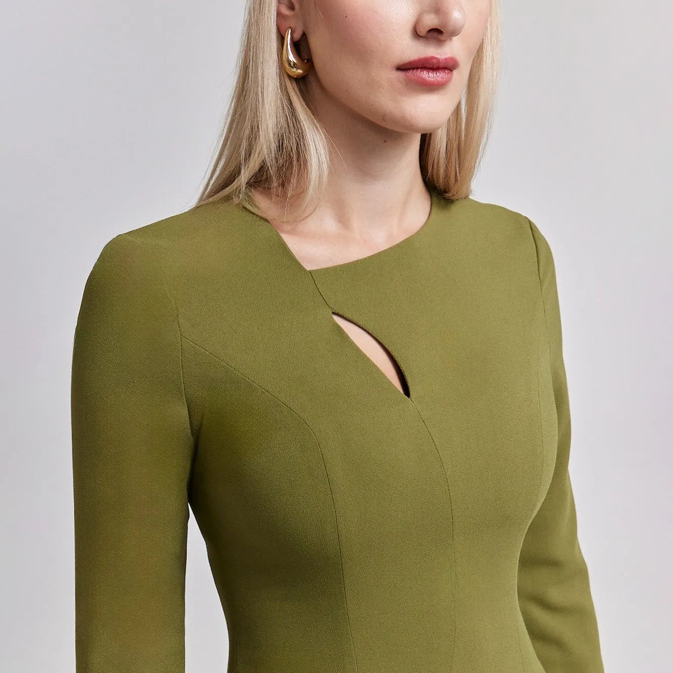 Crepe Olive Green Long Sleeve Dress