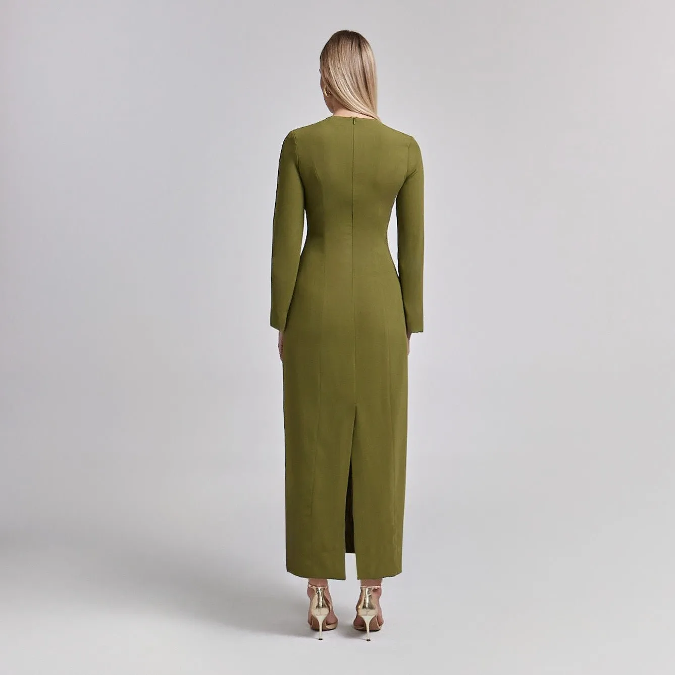 Crepe Olive Green Long Sleeve Dress
