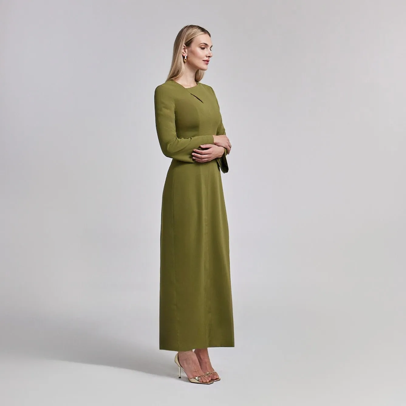 Crepe Olive Green Long Sleeve Dress