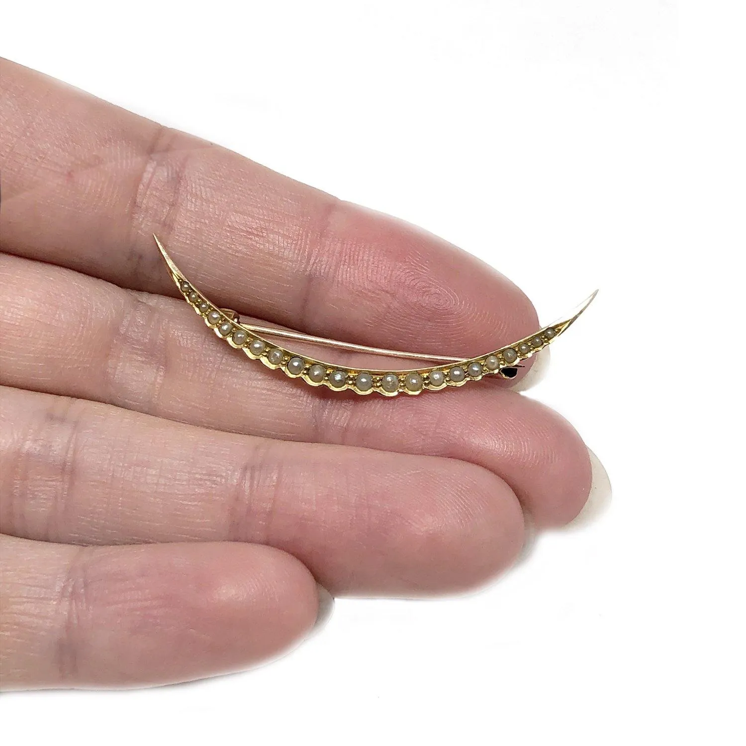 Crescent Moon Victorian Antique Seed Pearl Half Moon Brooch- 10K Yellow Gold
