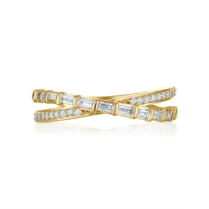 Cross Over Round and Baguette Diamond Ring
