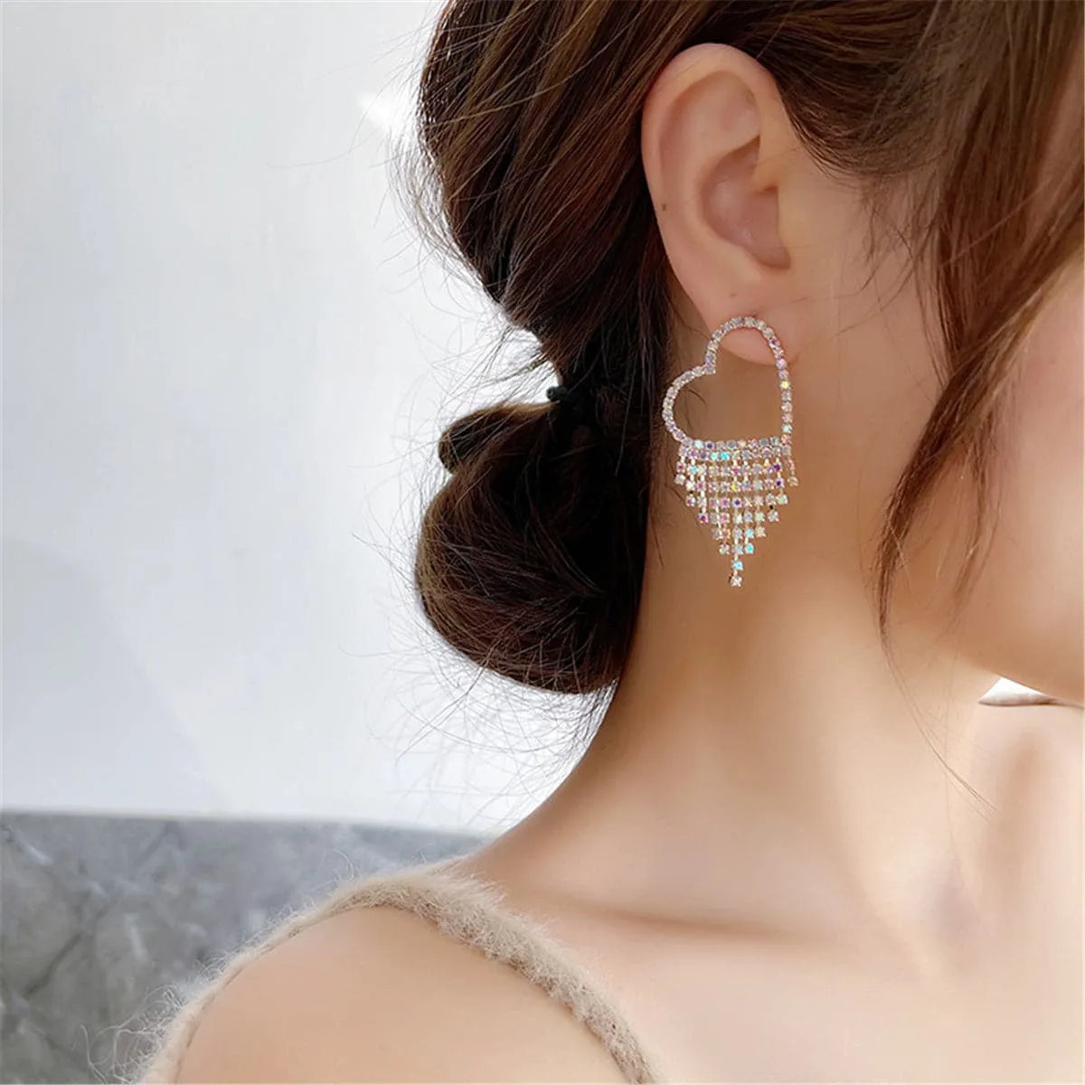 Cubic Zirconia & 18K Gold-Plated Heart Tassel Drop Earrings