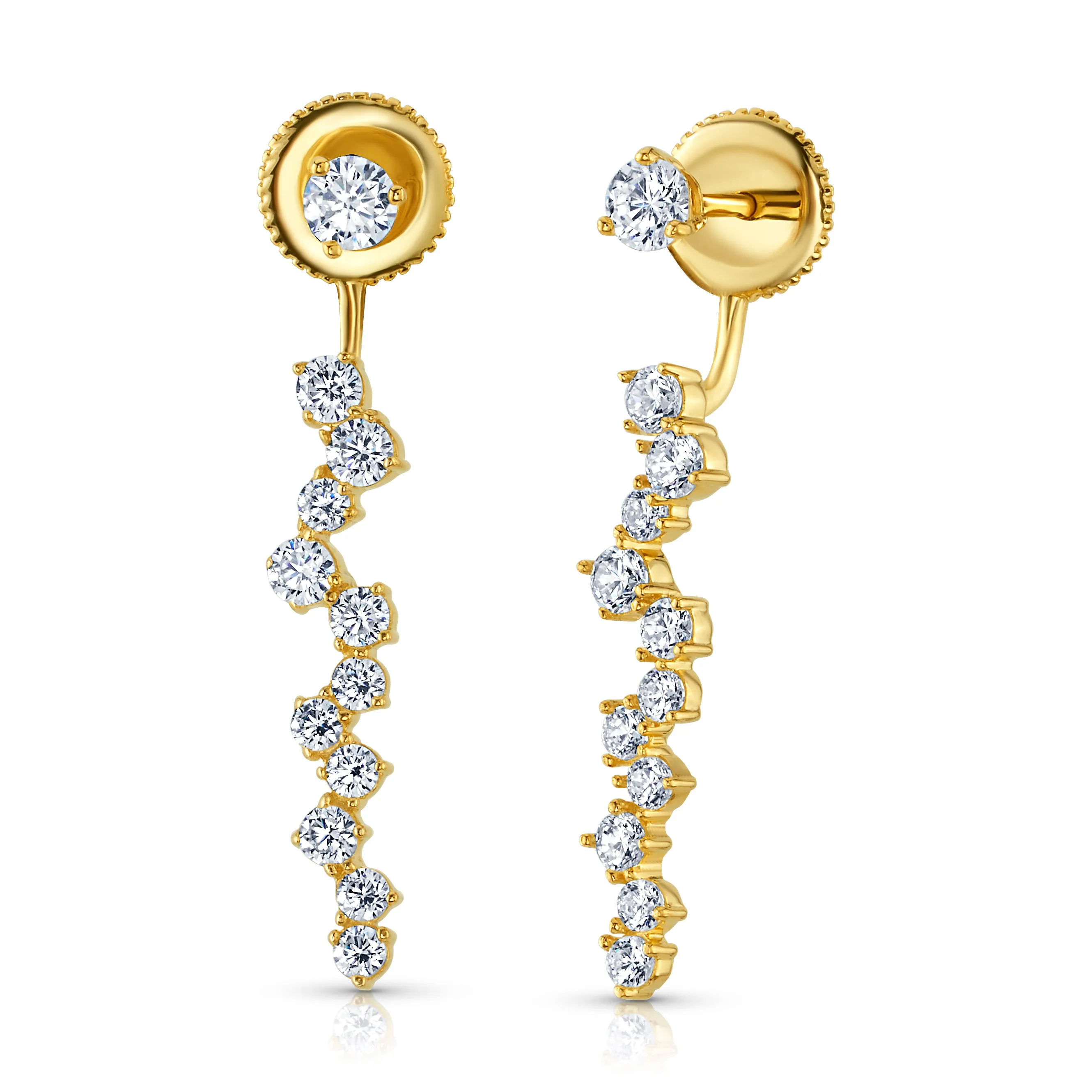 CZ SOLITARE FRONT BACK FANCY EARRINGS, GOLD