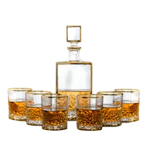 (D) Detailed Designed Crystal Decanter 23.7 Oz with 6 Cups 10.5 Oz Set (Gold)