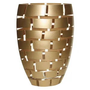 (D) Handcrafted 'Gold Wall' Crystal Glass Flower Vase 12" with Metallic Accent