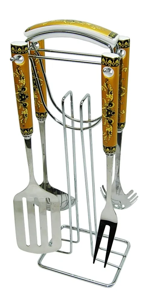 (D) Porcelain and Stainless Steel Kitchen Utensil Set Flower Decor 5-pc English Style