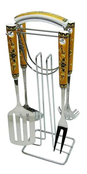 (D) Porcelain and Stainless Steel Kitchen Utensil Set Flower Decor 5-pc English Style
