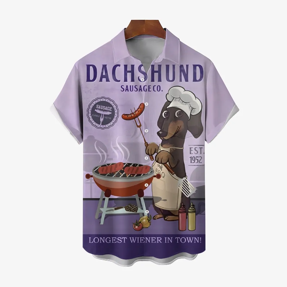 Dachshund BBQ Cartoon Casual Large Size Short Sleeve Shirt