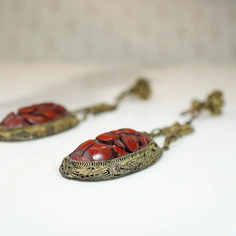 Decadent Cinnabar & Brass Filigree Earrings