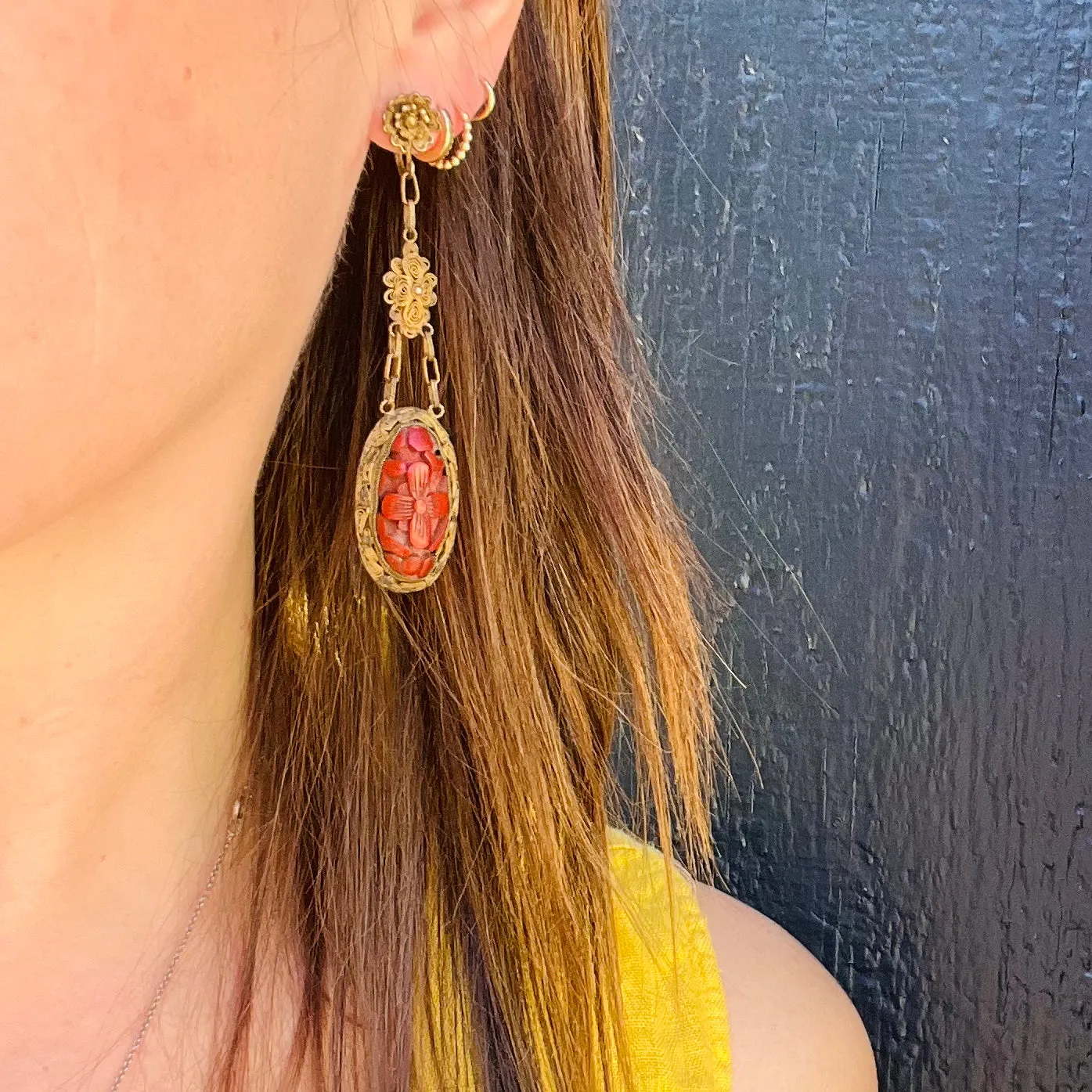 Decadent Cinnabar & Brass Filigree Earrings